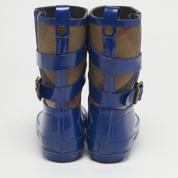 Burberry Beige/blue House Check Canvas And Blue Rubber Rain Boots Size 39
